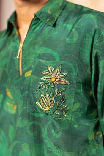 Buy_17:17 By Simmi Saboo_Green Silk, Cotton Floral Print Shirt _Online_at_Aza_Fashions