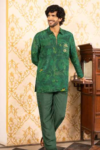 Shop_17:17 By Simmi Saboo_Green Silk, Cotton Floral Print Shirt _Online_at_Aza_Fashions