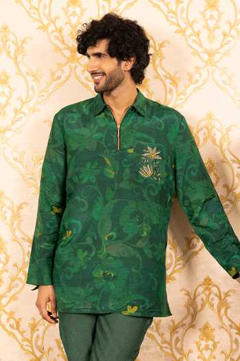 Buy_17:17 By Simmi Saboo_Green Silk, Cotton Floral Print Shirt _at_Aza_Fashions