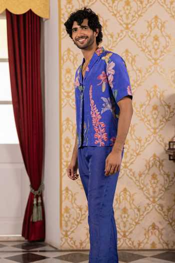 Buy_17:17 By Simmi Saboo_Blue Silk, Cotton Floral Print Shirt _Online_at_Aza_Fashions