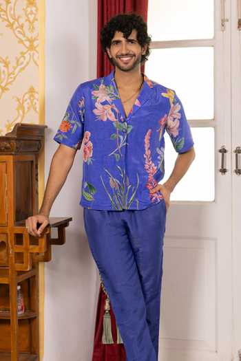 Shop_17:17 By Simmi Saboo_Blue Silk, Cotton Floral Print Shirt _Online_at_Aza_Fashions