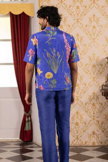 Shop_17:17 By Simmi Saboo_Blue Silk, Cotton Floral Print Shirt _at_Aza_Fashions