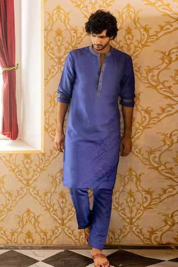 Shop_17:17 By Simmi Saboo_Blue Zari, Foil Printing Solid Shimmer Kurta _at_Aza_Fashions