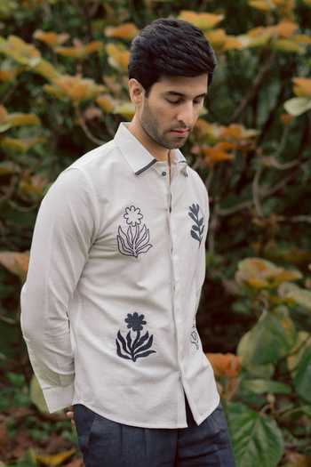Shop_Lacquer Embassy_White Cotton, Linen Embroidery Dusk Shirt _at_Aza_Fashions