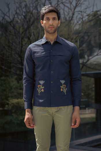 Shop_Lacquer Embassy_Navy Cotton Embroidery Haze Shirt _at_Aza_Fashions
