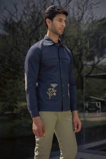 Lacquer Embassy_Navy Cotton Embroidery Haze Shirt _at_Aza_Fashions