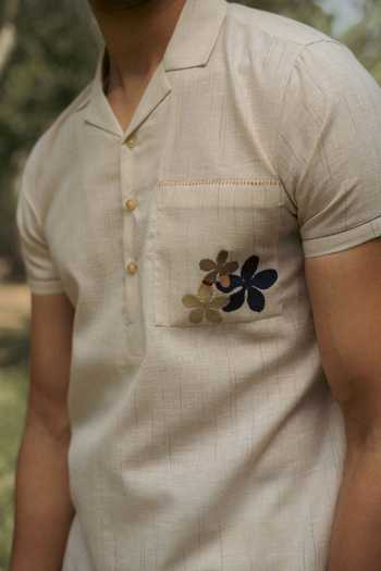 Lacquer Embassy_Beige Cotton, Linen Embroidery Marl Shirt _Online_at_Aza_Fashions