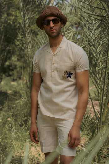 Buy_Lacquer Embassy_Beige Cotton, Linen Embroidery Marl Shirt _Online_at_Aza_Fashions