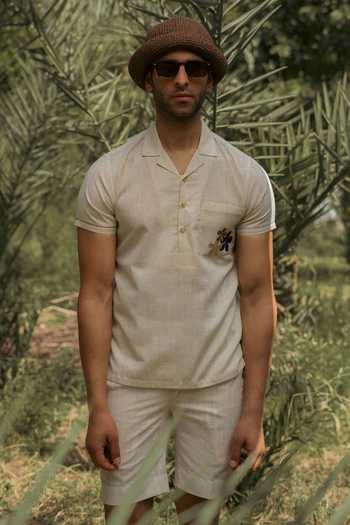 Shop_Lacquer Embassy_Beige Cotton, Linen Embroidery Marl Shirt _at_Aza_Fashions