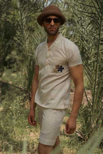 Lacquer Embassy_Beige Cotton, Linen Embroidery Marl Shirt _at_Aza_Fashions