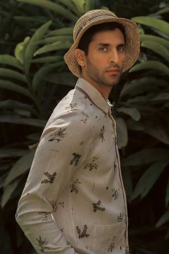 Lacquer Embassy_Beige Cotton, Linen Kelp Botanical Print Shirt _Online_at_Aza_Fashions