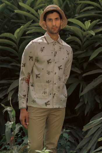 Shop_Lacquer Embassy_Beige Cotton, Linen Kelp Botanical Print Shirt _at_Aza_Fashions