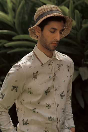 Buy_Lacquer Embassy_Beige Cotton, Linen Kelp Botanical Print Shirt _Online_at_Aza_Fashions