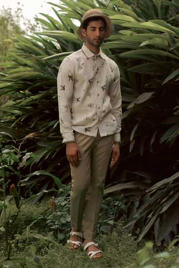 Shop_Lacquer Embassy_Beige Cotton, Linen Kelp Botanical Print Shirt _Online_at_Aza_Fashions