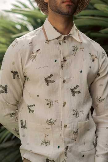 Lacquer Embassy_Beige Cotton, Linen Kelp Botanical Print Shirt _at_Aza_Fashions