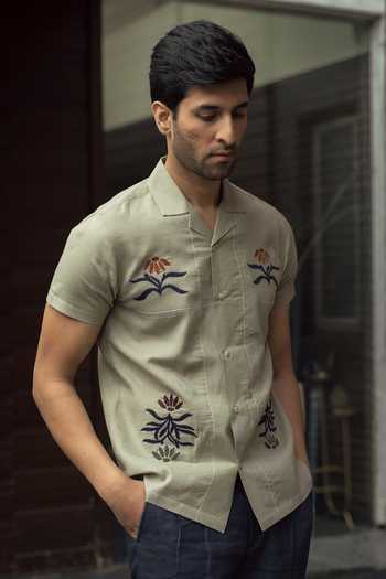 Shop_Lacquer Embassy_Green Embroidery Zephyr Shirt _at_Aza_Fashions