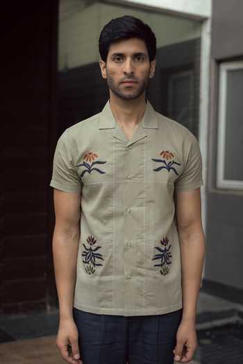 Lacquer Embassy_Green Embroidery Zephyr Shirt _Online_at_Aza_Fashions