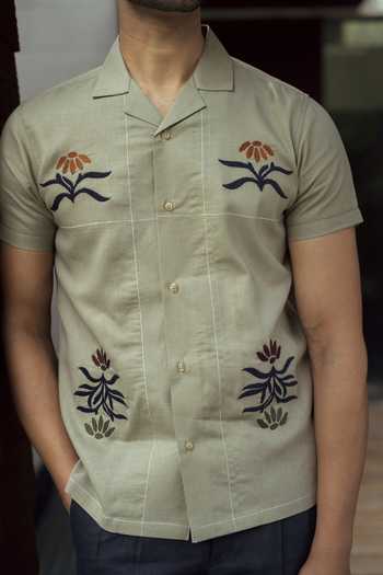 Buy_Lacquer Embassy_Green Embroidery Zephyr Shirt _Online_at_Aza_Fashions
