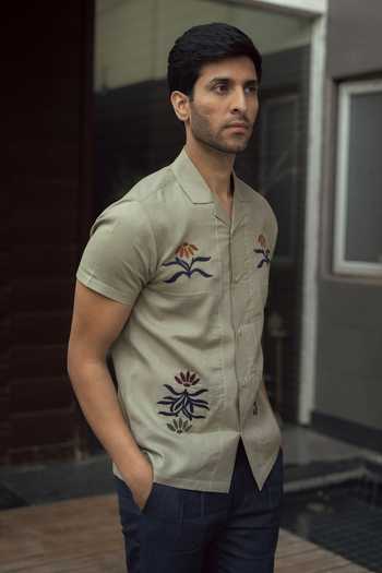 Lacquer Embassy_Green Embroidery Zephyr Shirt _at_Aza_Fashions