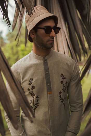 Shop_Lacquer Embassy_Beige Cotton Embroidery Alavar Oxford Shirt _at_Aza_Fashions