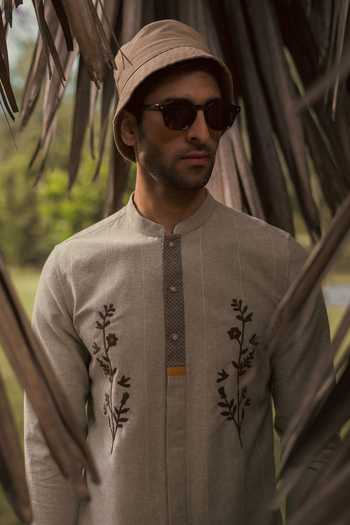 Lacquer Embassy_Beige Cotton Embroidery Alavar Oxford Shirt _Online_at_Aza_Fashions