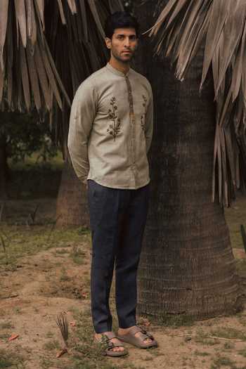 Buy_Lacquer Embassy_Beige Cotton Embroidery Alavar Oxford Shirt _Online_at_Aza_Fashions