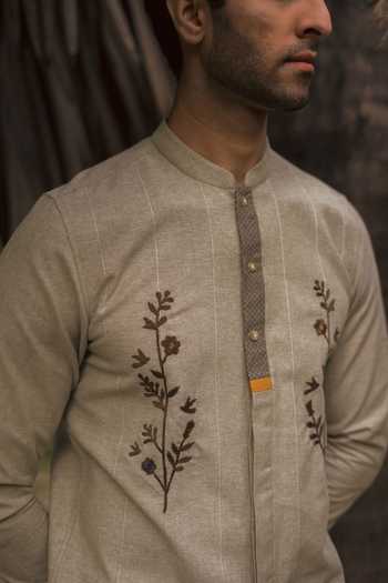 Lacquer Embassy_Beige Cotton Embroidery Alavar Oxford Shirt _at_Aza_Fashions