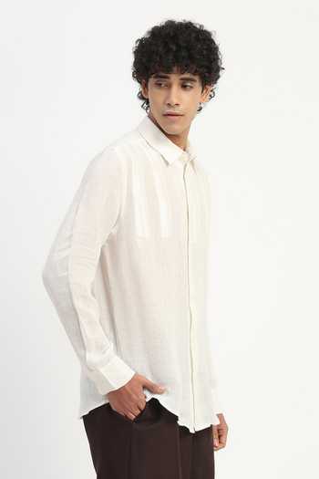ABRAHAM AND THAKORE_Ivory Linen Applique Stripe Pattern Shirt _Online_at_Aza_Fashions
