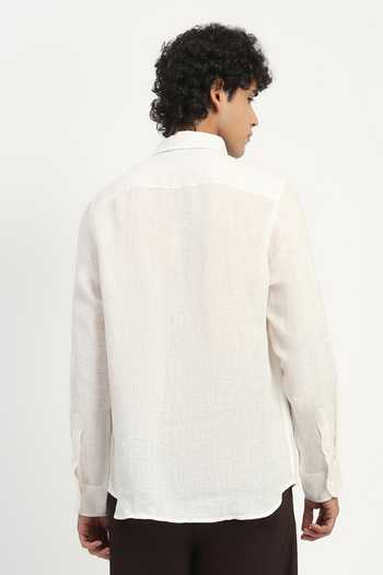 Shop_ABRAHAM AND THAKORE_Ivory Linen Applique Stripe Pattern Shirt _at_Aza_Fashions