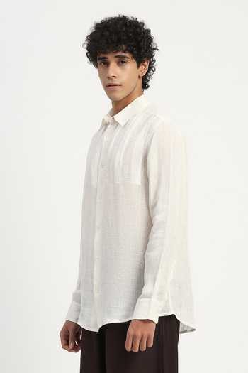 Shop_ABRAHAM AND THAKORE_Ivory Linen Applique Stripe Pattern Shirt _Online_at_Aza_Fashions