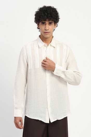 Buy_ABRAHAM AND THAKORE_Ivory Linen Applique Stripe Pattern Shirt _at_Aza_Fashions