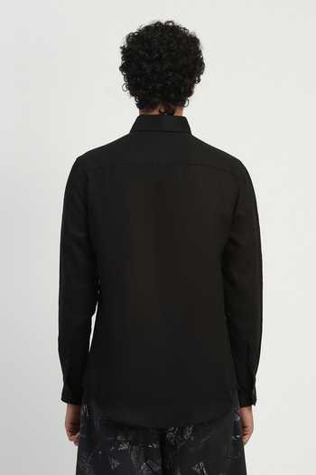 Shop_ABRAHAM AND THAKORE_Black Linen Applique Stripe Pattern Shirt _at_Aza_Fashions