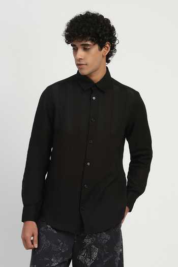 Buy_ABRAHAM AND THAKORE_Black Linen Applique Stripe Pattern Shirt _at_Aza_Fashions
