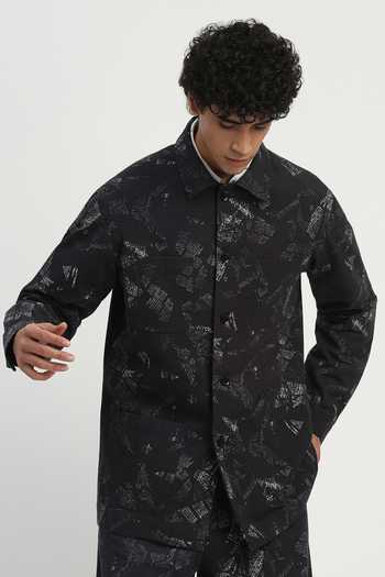 Buy_ABRAHAM AND THAKORE_Black Cotton News Print Shirt _at_Aza_Fashions