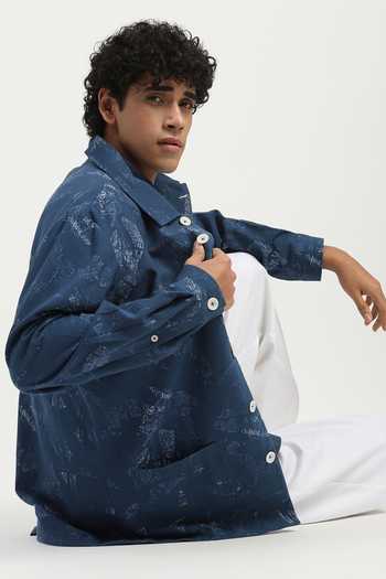 Buy_ABRAHAM AND THAKORE_Navy Cotton News Print Shirt _Online_at_Aza_Fashions