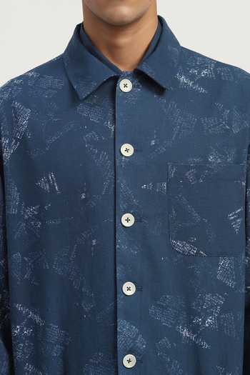 ABRAHAM AND THAKORE_Navy Cotton News Print Shirt _at_Aza_Fashions
