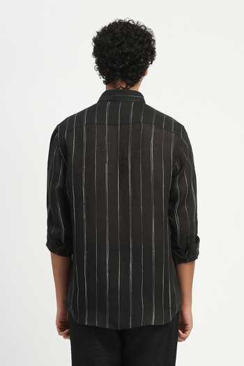 Shop_Abraham And Thakore_Black Linen Embroidery Aari Stripe Shirt _at_Aza_Fashions