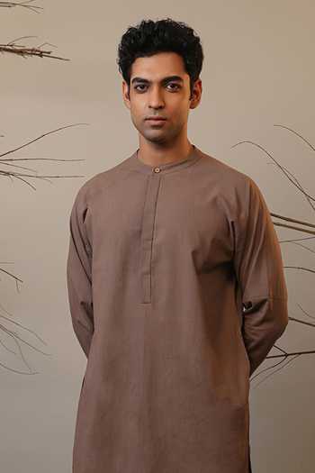 MATI_Beige Cotton Raglan Sleeve Kurta Set _Online_at_Aza_Fashions