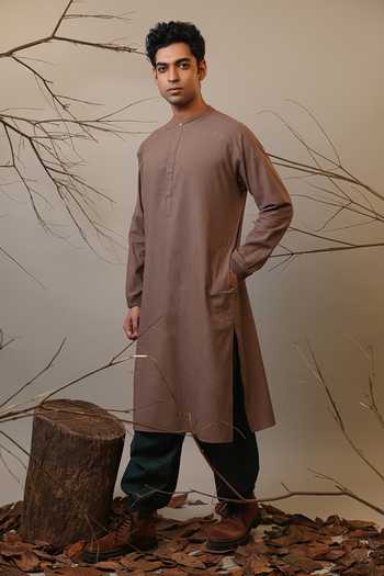 MATI_Beige Cotton Raglan Sleeve Kurta Set _at_Aza_Fashions