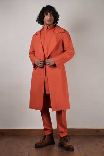 Shop_MATI_Rust Cotton Trench Jacket And Kurta Set _at_Aza_Fashions