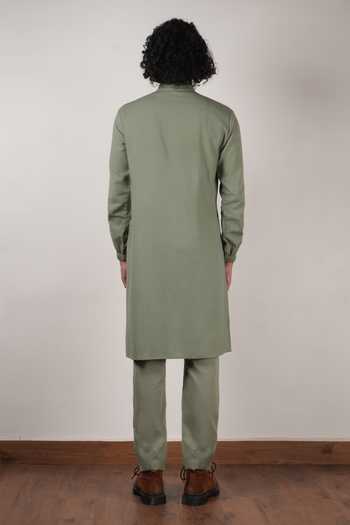 Shop_MATI_Green Cotton Handwoven Belted Kurta _at_Aza_Fashions