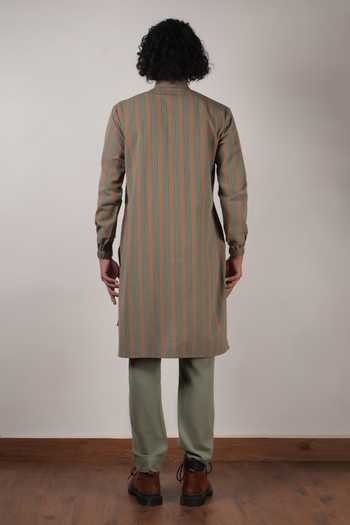 Shop_MATI_Green Cotton Handwoven Striped Belted Kurta Set _at_Aza_Fashions