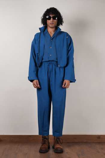 Shop_MATI_Blue Cotton Handwoven Safari Crop Jacket _at_Aza_Fashions