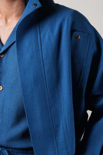 MATI_Blue Cotton Handwoven Safari Crop Jacket _Online