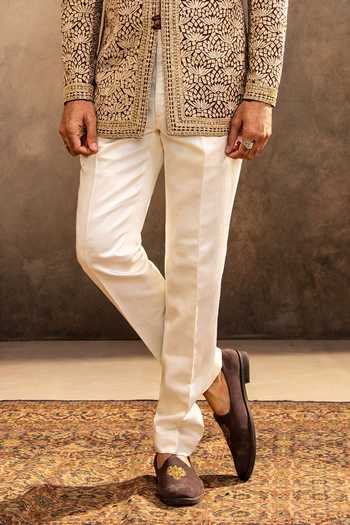Millionaire_Off White Georgette Embroidery Motif Bandhgala With Trouser _Online_at_Aza_Fashions