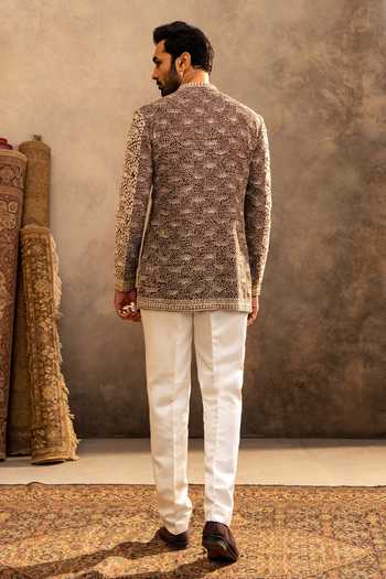 Shop_Millionaire_Off White Georgette Embroidery Motif Bandhgala With Trouser _at_Aza_Fashions