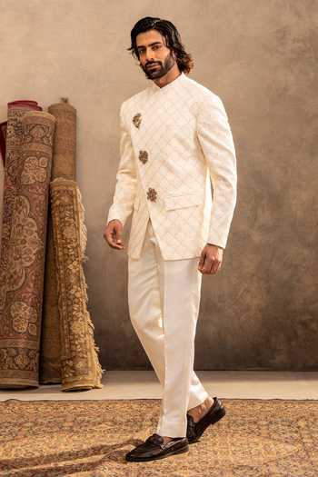 Millionaire_Beige Viscose Embroidery, Brooches Placed Embellished Jodhpuri And Trouser Set _at_Aza_Fashions