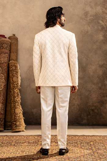 Shop_Millionaire_Beige Viscose Embroidery, Brooches Placed Embellished Jodhpuri And Trouser Set _at_Aza_Fashions