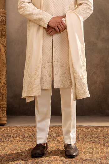 Millionaire_Ivory Viscose, Polyester, Satin Zari, Embroidery Tonal Sherwani Set _Online_at_Aza_Fashions