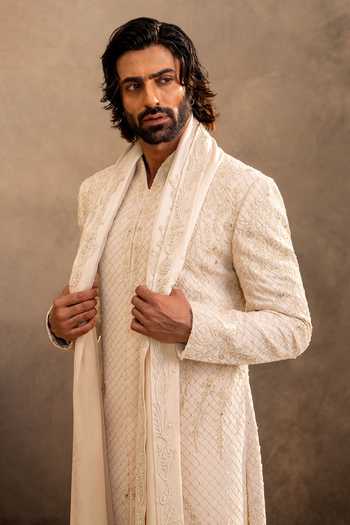 Buy_Millionaire_Ivory Viscose, Polyester, Satin Zari, Embroidery Tonal Sherwani Set _Online_at_Aza_Fashions